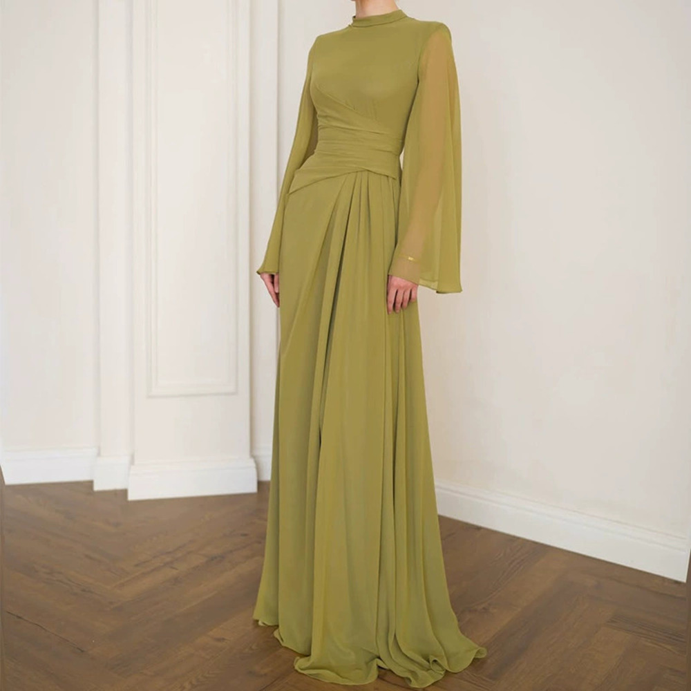 Forever 21 Elegant Light Yellow Green Fitted Waist Chiffon Dress